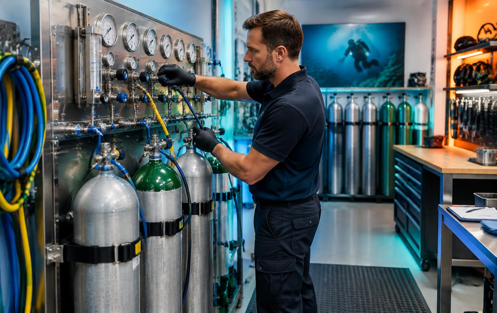 Technician operating a professional scuba gas blending panel